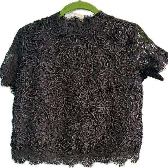 Level Eight Tops - Level Eight Sheer Lace Boxy Short Sleeve Blouse | Gray S/M